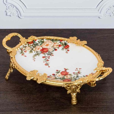 M-TR-329020  Фруктовница с фарфоровым блюдом на ножках с ручками, 33х23х8 см._6902203