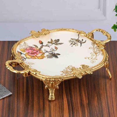 M-TR-327302  Фруктовница с фарфоровым блюдом на ножках с ручками, 32х26х7 см._6902196