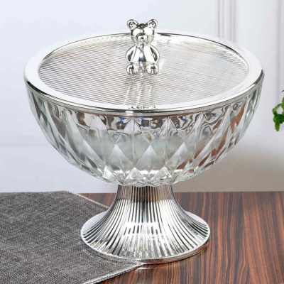 M-HS-4253  Фруктовница с крышкой из стекла и пластика с Мишкой 23х23х22 см_6901904