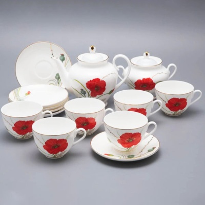 Чайный сервиз 6/14  ф-ма Весенняя 2  рис. Маки костян. Фарфор 81.34140.00.1 ИФЗ (ЛФЗ)_1600782