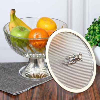 M-HS-4253  Фруктовница с крышкой из стекла и пластика с Мишкой 23х23х22 см_6901904