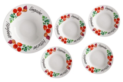 Набор для пасты из 5 предм.: тар.27см+4 тар.22см фарфор, белый, Томаты, Italiana в подар.упак..60178