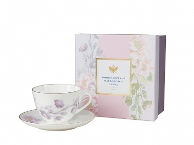 Чашка с блюдцем чайная 250 мл Весенняя - 2 Нежный пион (сиреневый) кост. фарф.81.28781.00.1 (ЛФЗ)